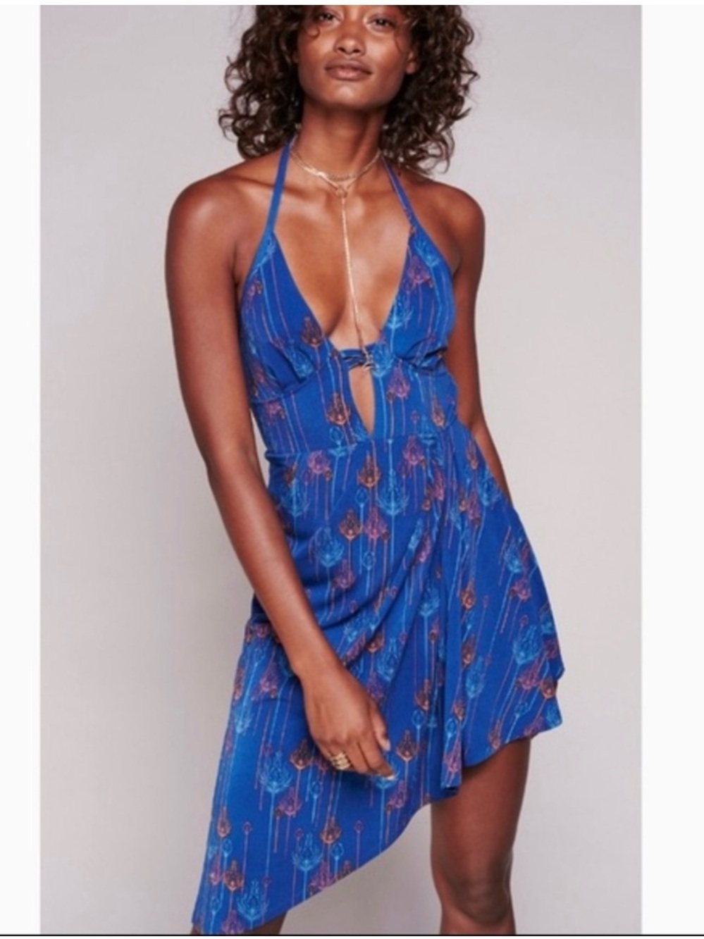 Free People Feathers Tropical Daydream Halter Dress Blue Boho Festival Goddess